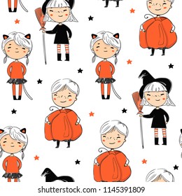 Cute kids in halloween costumes. Colored vector seamless pattern