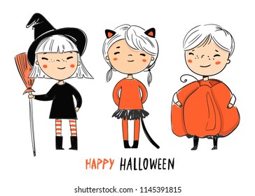 Cute kids in halloween costumes. Colored vector set. All elements are isolated