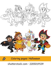 Cute kids in halloween costumes of pirate, unicorn, pumpkin and raven. Halloween concept. Kids coloring book page and color template. Vector cartoon illustration. For print, decor, education and game