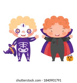 Cute kids in Halloween costumes. Vector illustration.