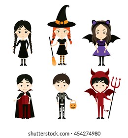 Cute kids in Halloween costumes. Vector set