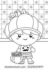 Cute Kids With Halloween Pumpkin Costume Character CArtoon Coloring Activity for Kids and Adult