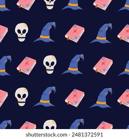 Cute kids Halloween seamless pattern. Pumpkin, creepy ghost, skull, web, candy and bat. Cute cartoon spooky characters and elements. October holiday stickers, design elements isolated on background