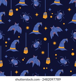 Cute kids Halloween seamless pattern. Pumpkin, creepy ghost, skull, web, candy and bat. Cute cartoon spooky characters and elements. October holiday stickers, design elements isolated on background