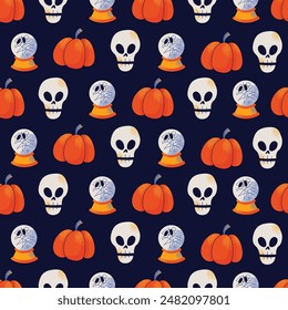 Cute kids Halloween seamless pattern. Pumpkin, creepy ghost, skull, web, candy and bat. Cute cartoon spooky characters and elements. October holiday stickers, design elements isolated on background