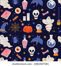 Cute kids Halloween seamless pattern. Pumpkin, creepy ghost, skull, web, candy and bat. Cute cartoon spooky characters and elements. October holiday stickers, design elements isolated on background