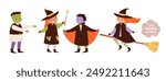 Cute kids Halloween set. Children in funny and scary witch, vampire and monster costumes. Cute characters and magical items for Halloween party. Flat vector illustration.