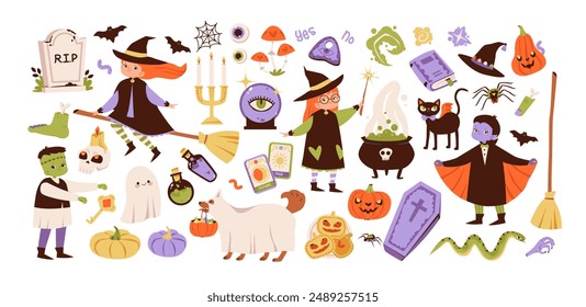 Nette Kinder Halloween-Set. Kinder in lustigen und gruseligen Hexen-, Vampir- und Monsterkostümen. Nette Charaktere und magische Gegenstände für Halloween-Party. Flache Vektorillustration.