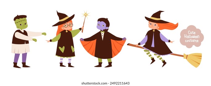 Cute kids Halloween set. Children in funny and scary witch, vampire and monster costumes. Cute characters and magical items for Halloween party. Flat vector illustration.