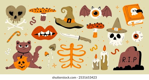 Lindo conjunto de Halloween para niños. Gato malvado, champiñón, sombrero de bruja, tumba, cráneo, vampiro, cuchillo. Pegatinas de vacaciones de octubre, Paquete de Elementos de diseño. Ilustraciones vectoriales planas aisladas. Personajes y Elementos