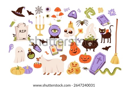 Cute kids Halloween set. Flat vector illustration of spooky Halloween characters and objects. Witch, ghost, pumpkin, and other festive icons for seasonal fun.