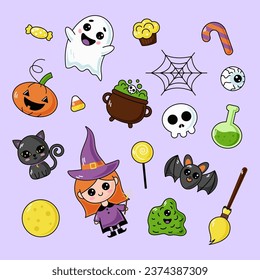 Cute kids Halloween set. Happy pumpkin, funny cat character, creepy ghost, skull, web, cauldron, candy and bat. October holiday stickers, design elements bundle. Isolated flat vector illustrations

