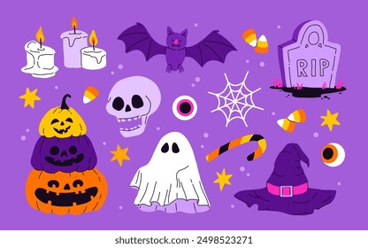 Lindo conjunto de Halloween para niños. Calabaza feliz, personaje divertido del murciélago, fantasma espeluznante, cráneo, Web, caramelo y sombrero de bruja. Pegatinas de vacaciones de octubre, Paquete de Elementos de diseño. Ilustraciones vectoriales planas aisladas