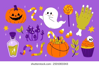 Lindo conjunto de Halloween para niños. Calabaza feliz, mano zombie, fantasma lindo, caramelo de la magdalena del cráneo y poción de la bruja. Pegatinas de vacaciones de octubre, Paquete de Elementos de diseño. Ilustraciones vectoriales planas aisladas