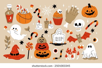 Cute kids Halloween set. Happy pumpkin, funny bat character, creepy ghost, skull, web, candy and witch hat. October holiday stickers, design elements bundle. Isolated flat vector illustrations