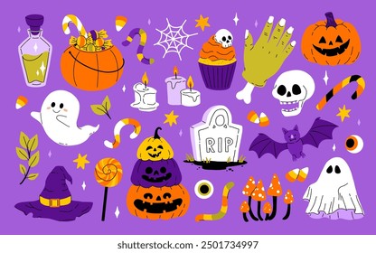 Cute kids Halloween set. Happy pumpkin, funny bat character, creepy ghost, skull, web, candy and witch hat. October holiday stickers, design elements bundle. Isolated flat vector illustrations