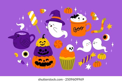 Süße Kinder Halloween-Set. Fröhlicher Kürbis, Zombie-Hand, süßer Geist, Totenkopf-Cupcake-Bonbons und Hexentrank. Urlaubsaufkleber im Oktober, Design-Elemente-Paket. Isolierte flache Vektorgrafiken