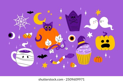 Lindo conjunto de Halloween para niños. Calabaza feliz, mano zombie, fantasma lindo, caramelo de la magdalena del cráneo y poción de la bruja. Pegatinas de vacaciones de octubre, Paquete de Elementos de diseño. Ilustraciones vectoriales planas aisladas