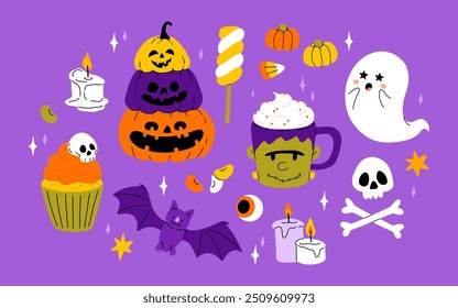 Cute kids Halloween set. Happy pumpkin, zombie hand, cute ghost, skull cupcake candy and witch potion. October holiday stickers, design elements bundle. Isolated flat vector illustrations