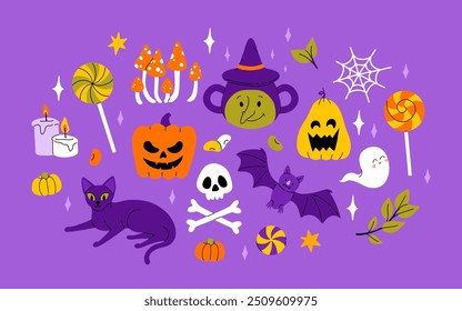 Lindo conjunto de Halloween para niños. Calabaza feliz, mano zombie, fantasma lindo, caramelo de la magdalena del cráneo y poción de la bruja. Pegatinas de vacaciones de octubre, Paquete de Elementos de diseño. Ilustraciones vectoriales planas aisladas