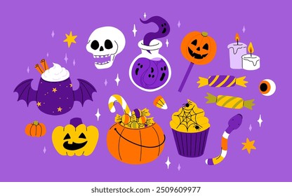 Lindo conjunto de Halloween para niños. Calabaza feliz, mano zombie, fantasma lindo, caramelo de la magdalena del cráneo y poción de la bruja. Pegatinas de vacaciones de octubre, Paquete de Elementos de diseño. Ilustraciones vectoriales planas aisladas