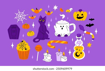 Lindo conjunto de Halloween para niños. Calabaza feliz, mano zombie, fantasma lindo, caramelo de la magdalena del cráneo y poción de la bruja. Pegatinas de vacaciones de octubre, Paquete de Elementos de diseño. Ilustraciones vectoriales planas aisladas