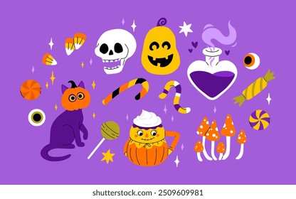 Lindo conjunto de Halloween para niños. Calabaza feliz, mano zombie, fantasma lindo, caramelo de la magdalena del cráneo y poción de la bruja. Pegatinas de vacaciones de octubre, Paquete de Elementos de diseño. Ilustraciones vectoriales planas aisladas