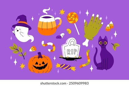 Lindo conjunto de Halloween para niños. Calabaza feliz, mano zombie, fantasma lindo, caramelo de la magdalena del cráneo y poción de la bruja. Pegatinas de vacaciones de octubre, Paquete de Elementos de diseño. Ilustraciones vectoriales planas aisladas