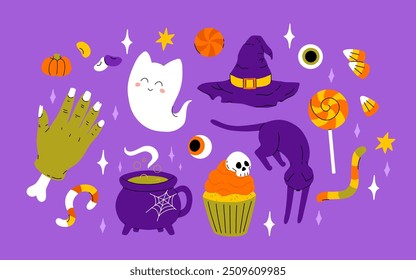 Lindo conjunto de Halloween para niños. Calabaza feliz, mano zombie, fantasma lindo, caramelo de la magdalena del cráneo y poción de la bruja. Pegatinas de vacaciones de octubre, Paquete de Elementos de diseño. Ilustraciones vectoriales planas aisladas