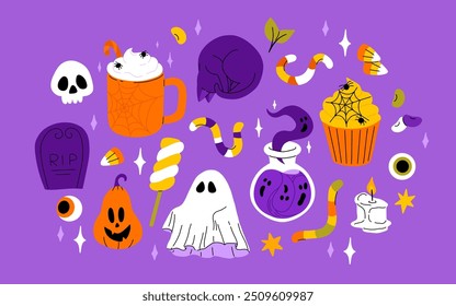 Lindo conjunto de Halloween para niños. Calabaza feliz, mano zombie, fantasma lindo, caramelo de la magdalena del cráneo y poción de la bruja. Pegatinas de vacaciones de octubre, Paquete de Elementos de diseño. Ilustraciones vectoriales planas aisladas