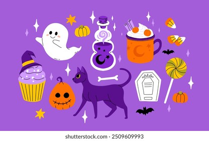 Lindo conjunto de Halloween para niños. Calabaza feliz, mano zombie, fantasma lindo, caramelo de la magdalena del cráneo y poción de la bruja. Pegatinas de vacaciones de octubre, Paquete de Elementos de diseño. Ilustraciones vectoriales planas aisladas