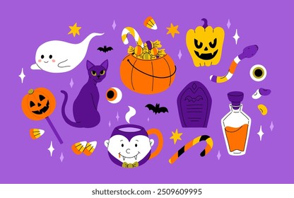 Cute kids Halloween set. Happy pumpkin, zombie hand, cute ghost, skull cupcake candy and witch potion. October holiday stickers, design elements bundle. Isolated flat vector illustrations