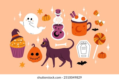 Lindo conjunto de Halloween para niños. Calabaza feliz, mano zombie, fantasma lindo, caramelo de la magdalena del cráneo y poción de la bruja. Pegatinas de vacaciones de octubre, Paquete de Elementos de diseño. Ilustraciones vectoriales planas aisladas