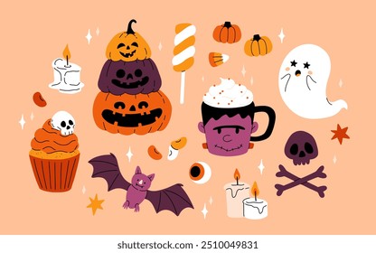 Cute kids Halloween set. Happy pumpkin, zombie hand, cute ghost, skull cupcake candy and witch potion. October holiday stickers, design elements bundle. Isolated flat vector illustrations