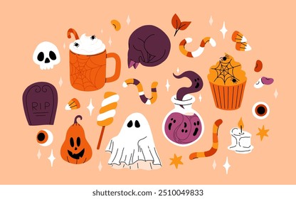 Lindo conjunto de Halloween para niños. Calabaza feliz, mano zombie, fantasma lindo, caramelo de la magdalena del cráneo y poción de la bruja. Pegatinas de vacaciones de octubre, Paquete de Elementos de diseño. Ilustraciones vectoriales planas aisladas