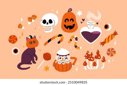 Lindo conjunto de Halloween para niños. Calabaza feliz, mano zombie, fantasma lindo, caramelo de la magdalena del cráneo y poción de la bruja. Pegatinas de vacaciones de octubre, Paquete de Elementos de diseño. Ilustraciones vectoriales planas aisladas