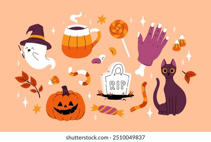 Cute kids Halloween set. Happy pumpkin, zombie hand, cute ghost, skull cupcake candy and witch potion. October holiday stickers, design elements bundle. Isolated flat vector illustrations