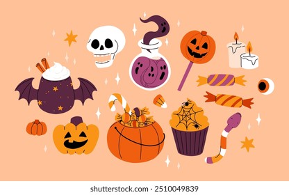 Cute kids Halloween set. Happy pumpkin, zombie hand, cute ghost, skull cupcake candy and witch potion. October holiday stickers, design elements bundle. Isolated flat vector illustrations