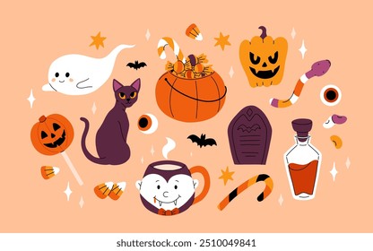 Lindo conjunto de Halloween para niños. Calabaza feliz, mano zombie, fantasma lindo, caramelo de la magdalena del cráneo y poción de la bruja. Pegatinas de vacaciones de octubre, Paquete de Elementos de diseño. Ilustraciones vectoriales planas aisladas