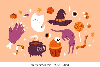 Lindo conjunto de Halloween para niños. Calabaza feliz, mano zombie, fantasma lindo, caramelo de la magdalena del cráneo y poción de la bruja. Pegatinas de vacaciones de octubre, Paquete de Elementos de diseño. Ilustraciones vectoriales planas aisladas