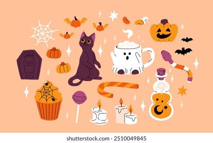 Cute kids Halloween set. Happy pumpkin, zombie hand, cute ghost, skull cupcake candy and witch potion. October holiday stickers, design elements bundle. Isolated flat vector illustrations