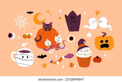 Lindo conjunto de Halloween para niños. Calabaza feliz, mano zombie, fantasma lindo, caramelo de la magdalena del cráneo y poción de la bruja. Pegatinas de vacaciones de octubre, Paquete de Elementos de diseño. Ilustraciones vectoriales planas aisladas