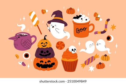 Cute kids Halloween set. Happy pumpkin, zombie hand, cute ghost, skull cupcake candy and witch potion. October holiday stickers, design elements bundle. Isolated flat vector illustrations