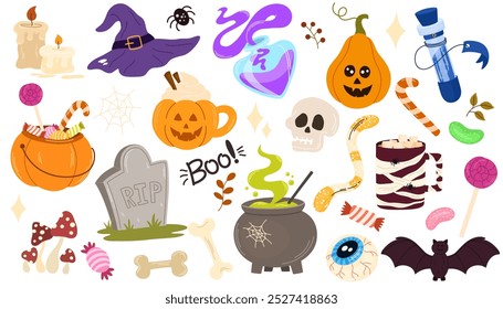 Lindo conjunto de Halloween para niños. Calabaza feliz, murciélago, caramelo de la magdalena del cráneo y poción de bruja. Pegatinas de vacaciones de octubre, Paquete de Elementos de diseño. Ilustraciones vectoriales planas aisladas 