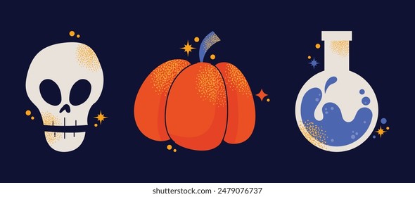 Cute kids Halloween set. Pumpkin, creepy ghost, skull, web, candy and bat. Cute cartoon spooky characters and elements. October holiday stickers, design elements isolated on background