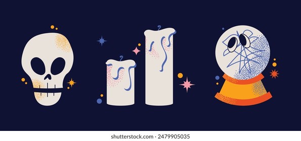 Cute kids Halloween set. Pumpkin, creepy ghost, skull, web, candy and bat. Cute cartoon spooky characters and elements. October holiday stickers, design elements isolated on background