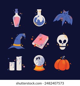 Cute kids Halloween set. Pumpkin, creepy ghost, skull, web, candy and bat. Cute cartoon spooky characters and elements. October holiday stickers, design elements isolated on background