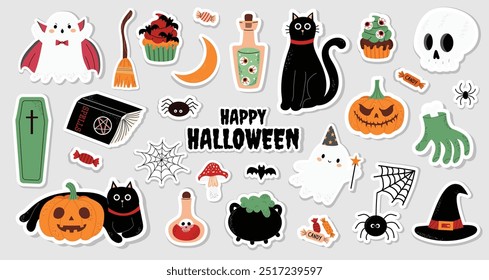 Conjunto de pegatinas de Halloween para niños lindos. Fantasmas, libro de hechizos, cráneo, poción, escoba, gato negro, calabazas. Pegatinas de vacaciones de octubre, Paquete de Elementos de diseño. Ilustraciones vectoriales planas aisladas.