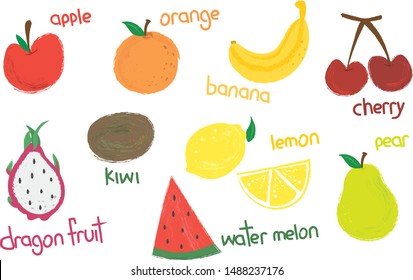 cute kids hand drawing doodle colourful fruits 