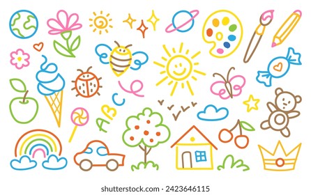 Los niños pequeños estirados a mano con un conjunto de elementos decorativos simples en estilo doodle. Diversos íconos, dibujos infantiles como flor, helado, dulce, sol, casa, árbol, manzana, corazón, estrellas aisladas en